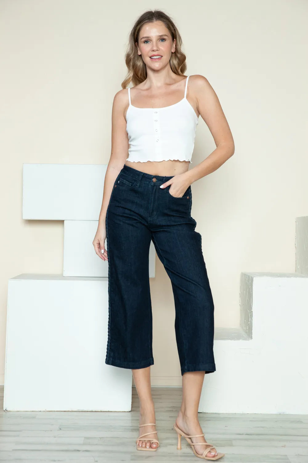 Judy Blue Full Size Side Seam Braid Detail Crop Wide Leg Jeans - cas7m