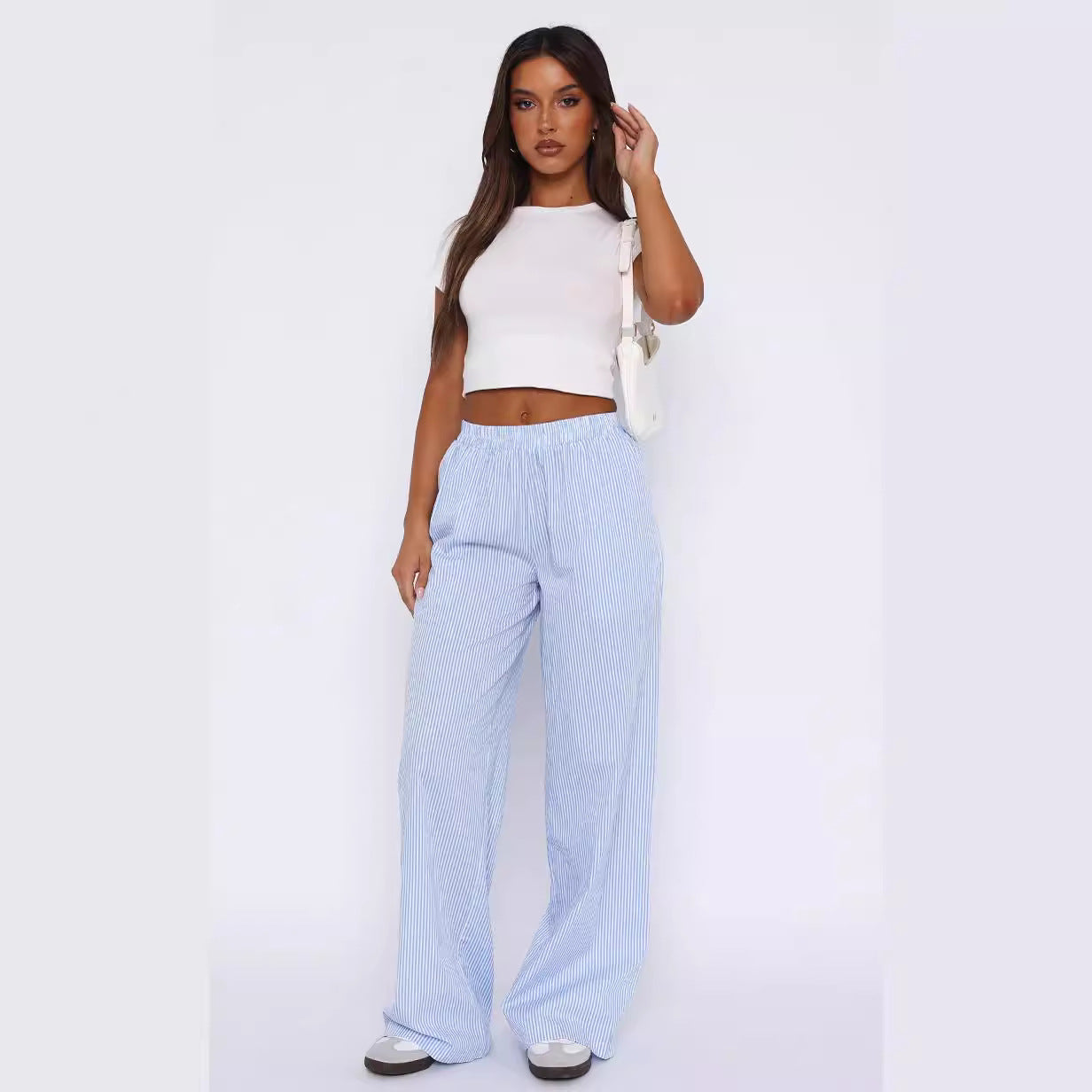 Fashion Y2K Striped Straight Trousers Summer Elastic High Waist Wide Leg Pants For Women - cas7m