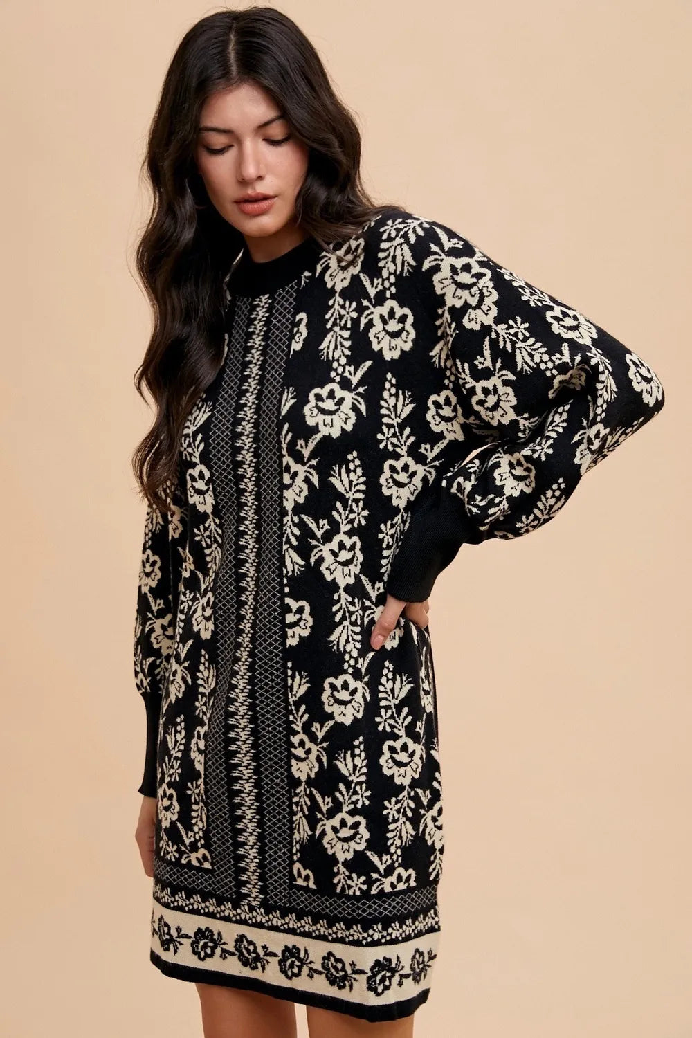 Annie Wear Floral Jacquard Round Neck Sweater Dress - cas7m