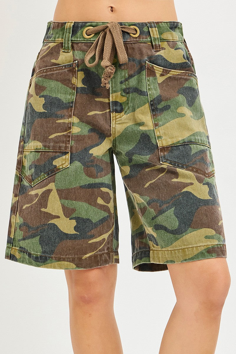 RISEN Camo Print Slouchy Jorts with Eyelet Drawstring - cas7m