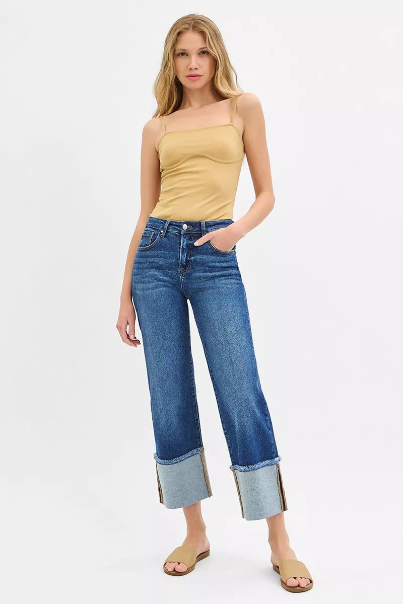 RISEN Full Size Mid Rise Crop Wide Wide Cuffed Jeans Plus Size - cas7m
