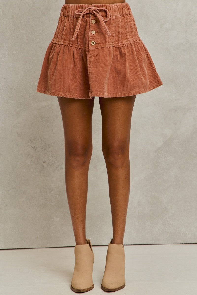 SO ME Mineral Wash Pintucked Corduroy Mini Flared Skirt - cas7m