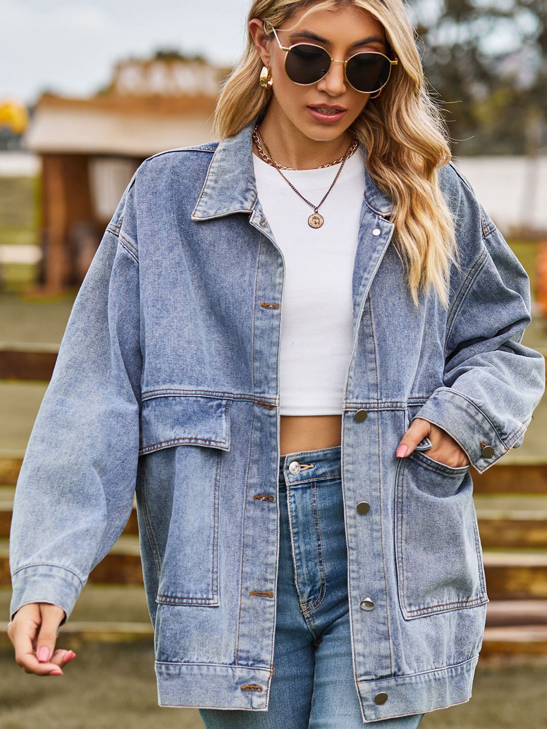 Dropped Shoulder Denim Jacket with Pockets - cas7m