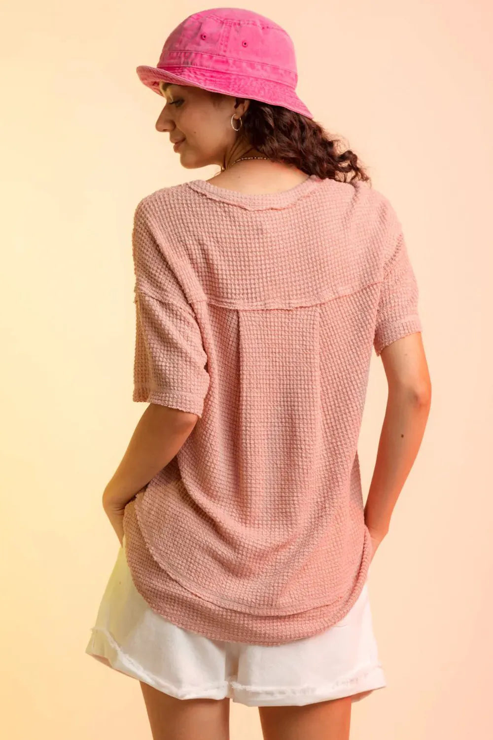 Waffle-Knit Notched Half Sleeve T-Shirt - cas7m