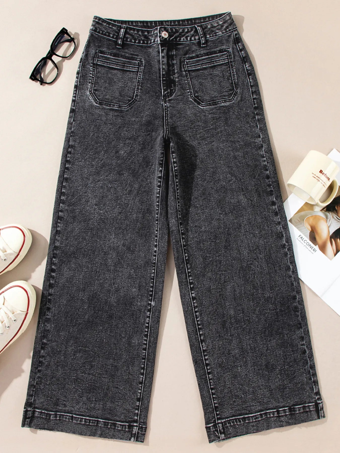 High-Waisted Wide Leg Washed Jeans - cas7m