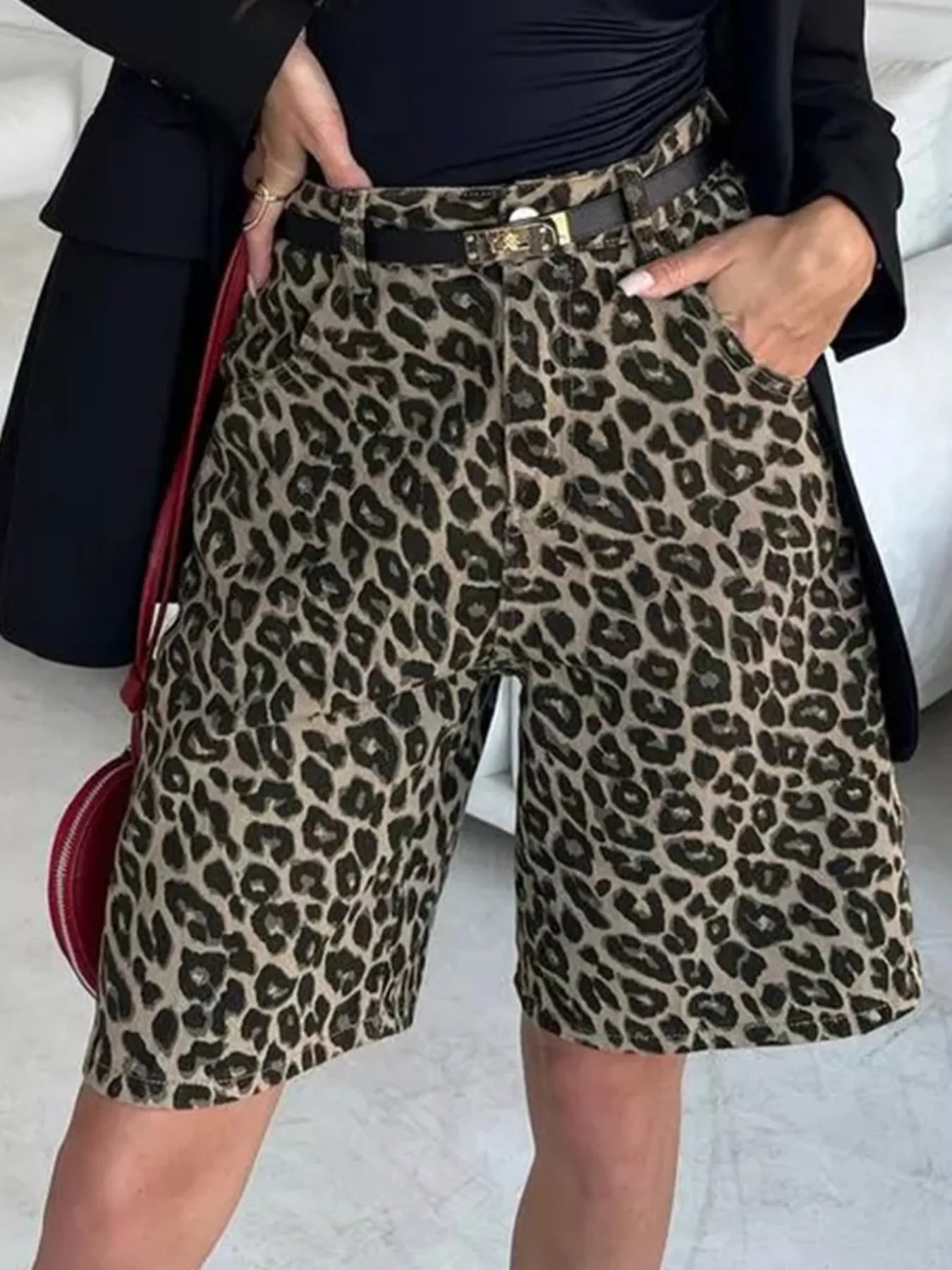 Leopard Print High-Waisted Casual Shorts - cas7m