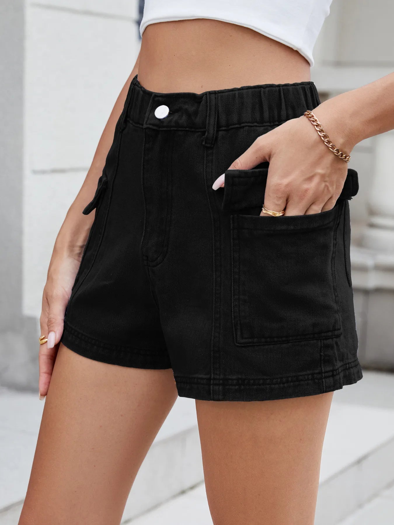 High Waist Cargo Denim Shorts - cas7m