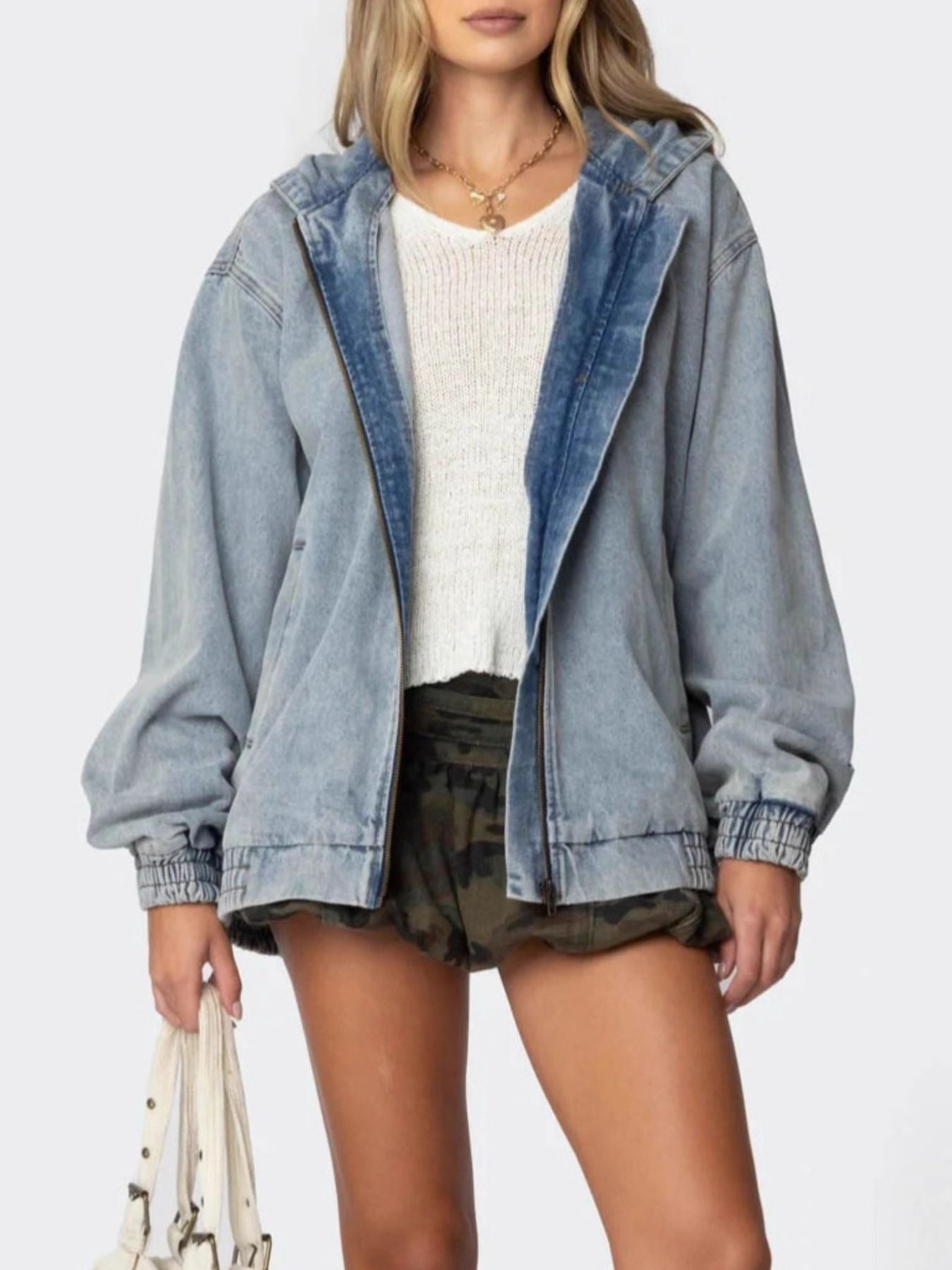 Hooded Oversized Zip Up Denim Jacket - cas7m