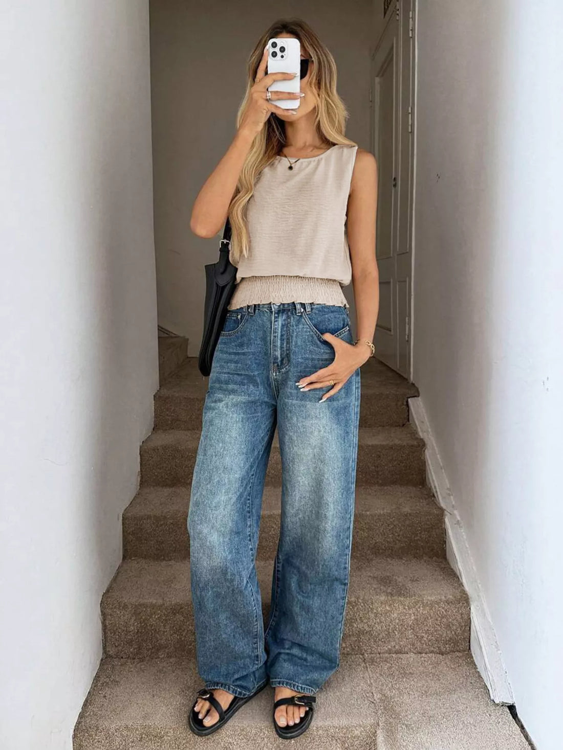 Smocked Round Neck Tank - cas7m