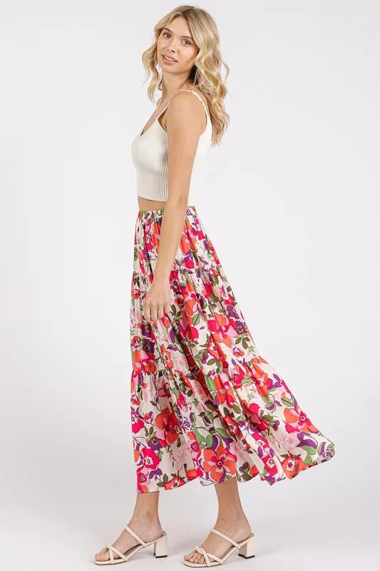 Mittoshop Flower Print Elastic Waist Tiered Skirt - cas7m