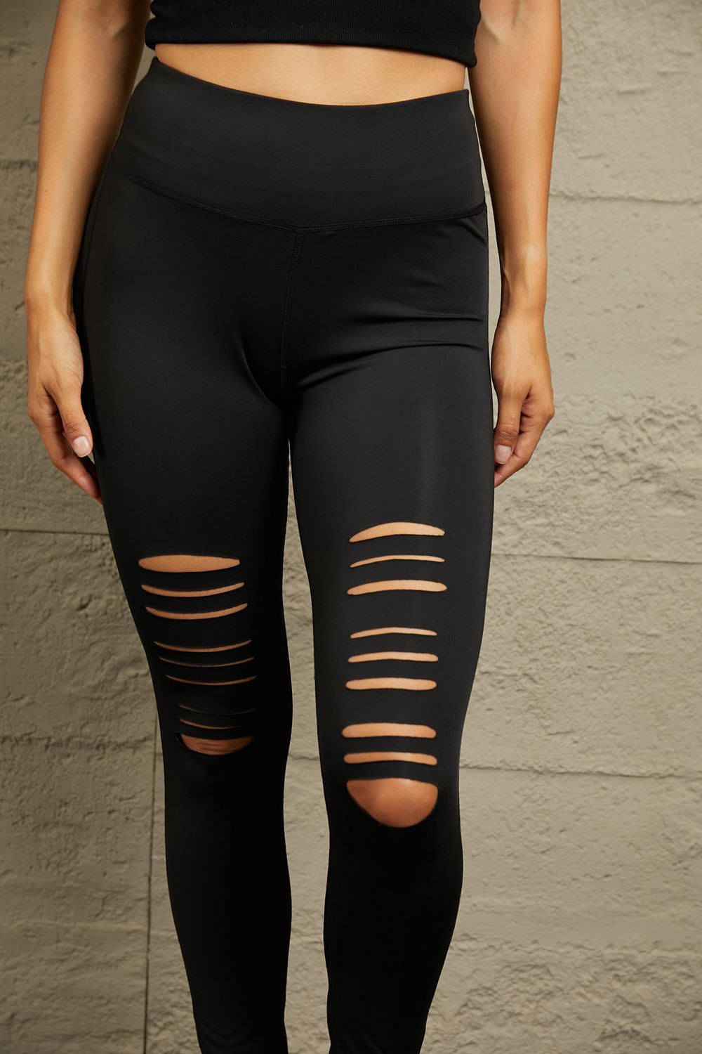 Wide Waistband Distressed Slim Fit Leggings - cas7m