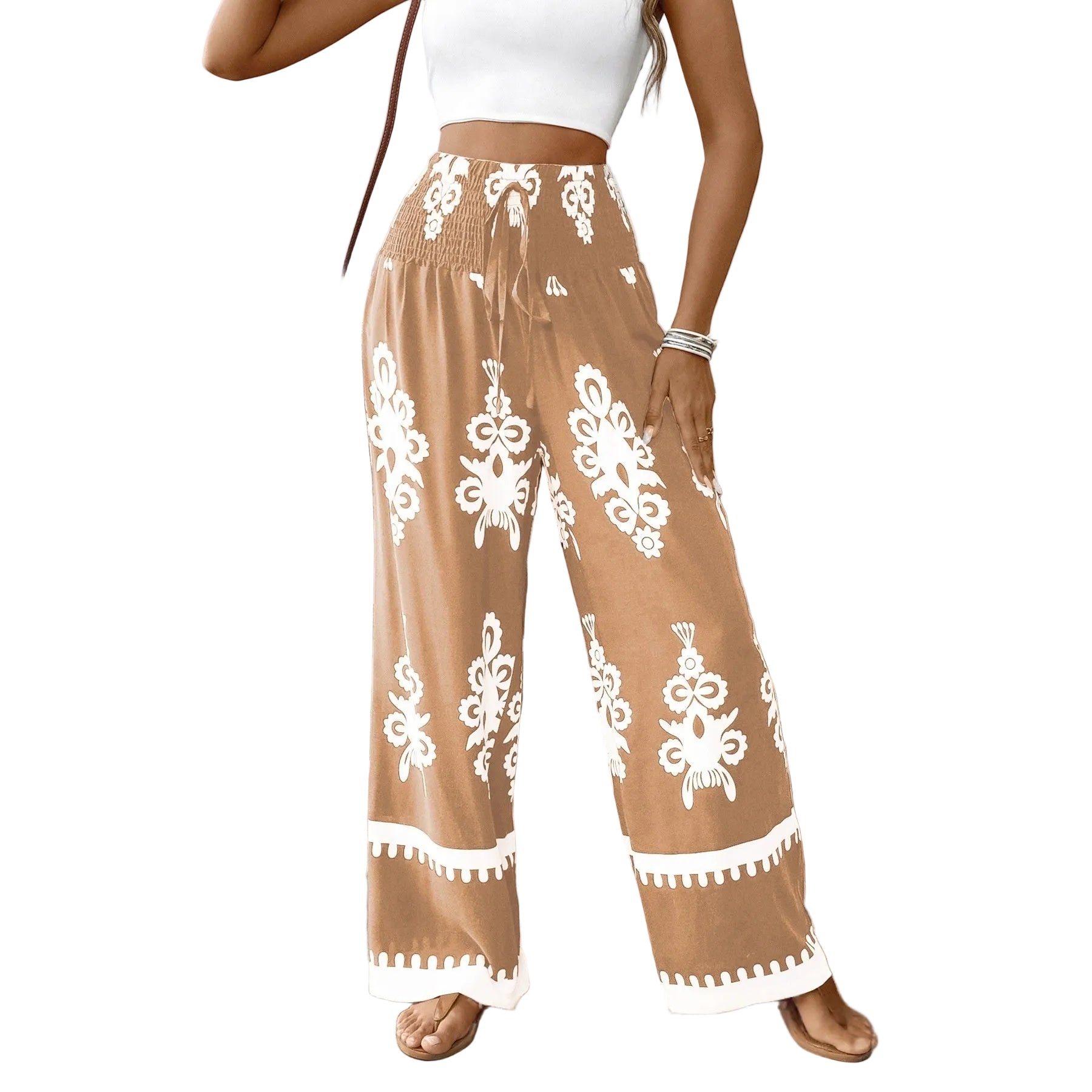Women's 3D Pattern Lace-up Casual High Waist Print Wide-leg Pants - cas7m