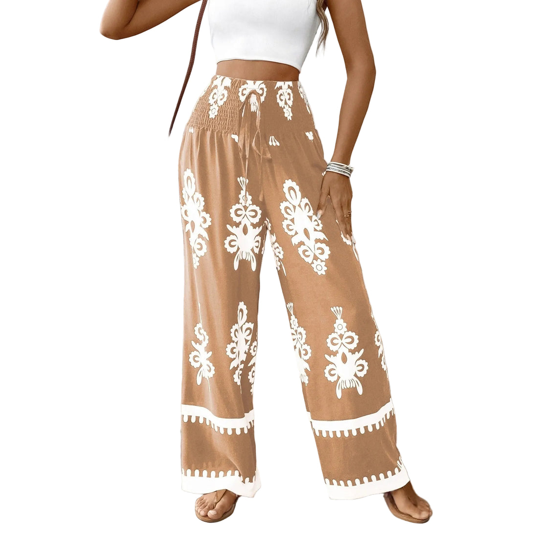 Women's 3D Pattern Lace-up Casual High Waist Print Wide-leg Pants - cas7m