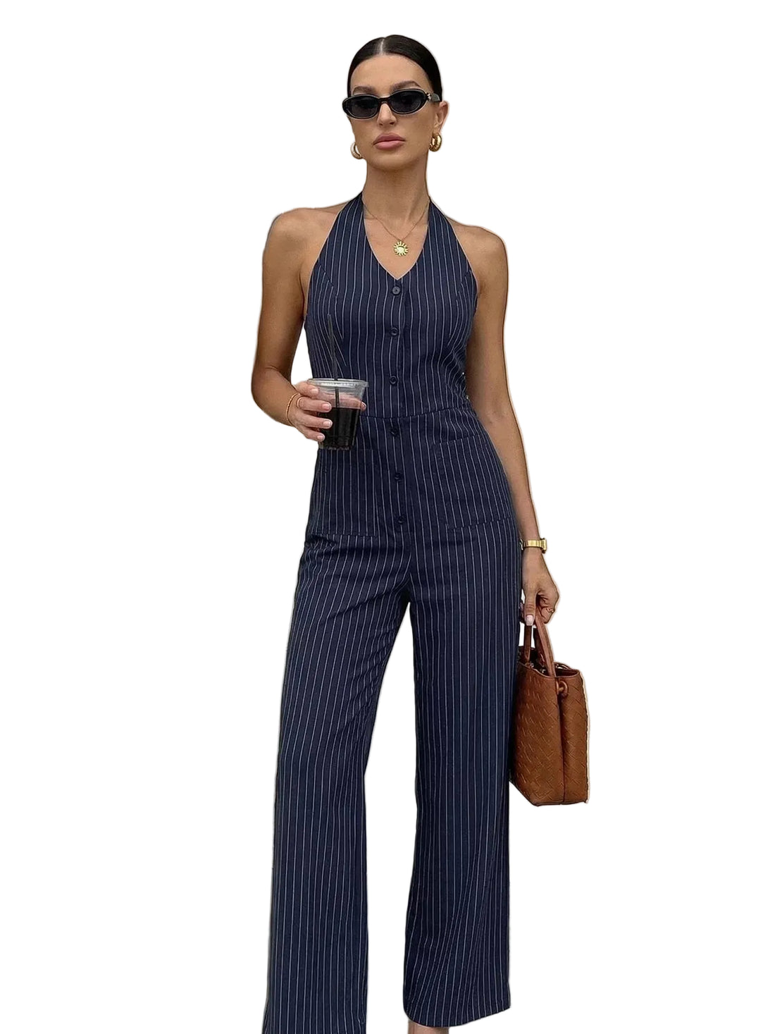 Striped Halter Neck Jumpsuit - cas7m