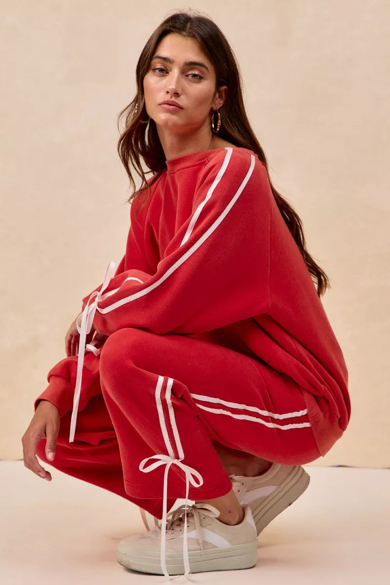 BiBi Side Lined Bow Details Fleece Sweatpants - cas7m