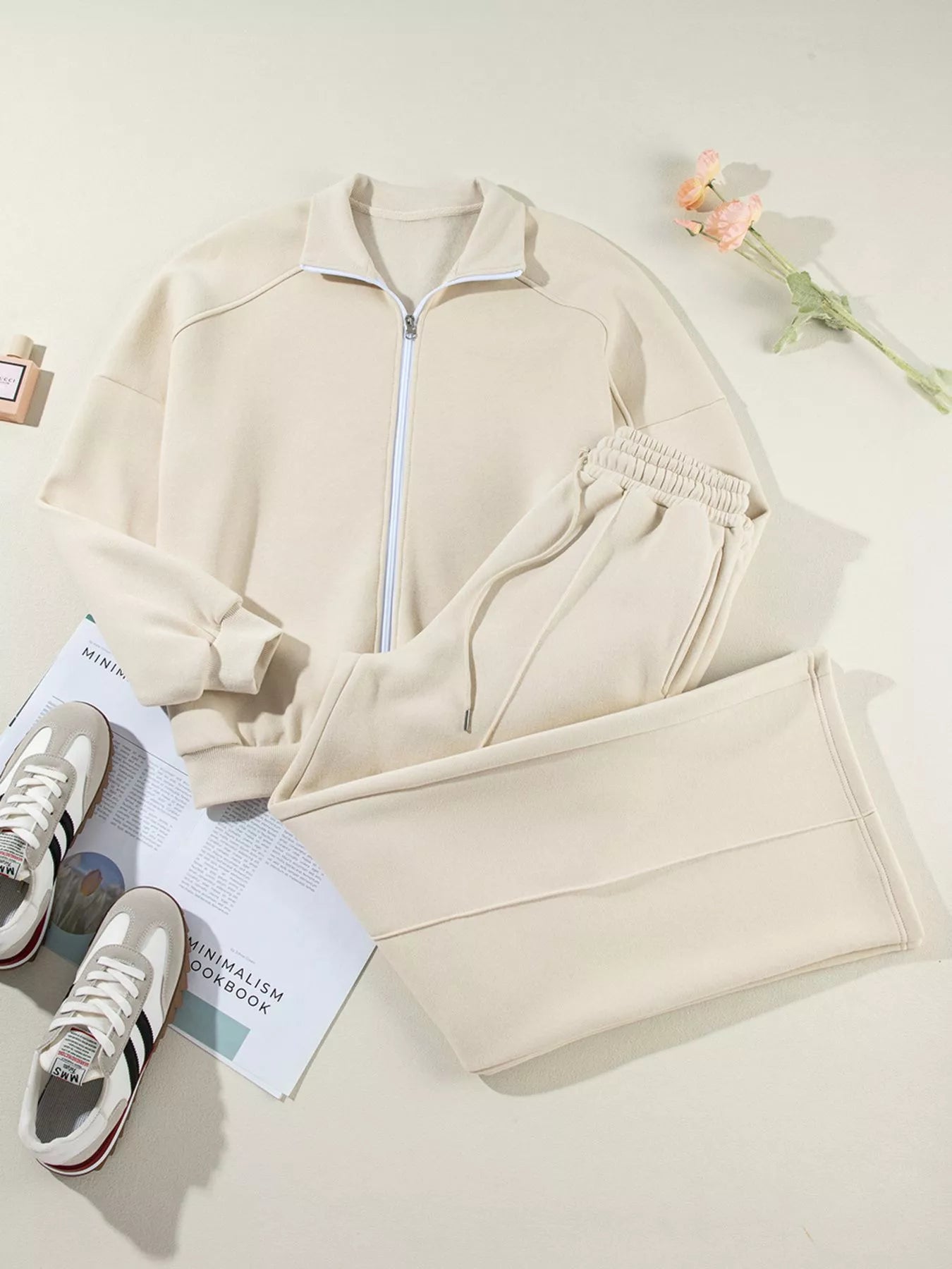 Drop Shoulder Zip Up Jacket and Drawstring Pants Active 2pcs Set - cas7m