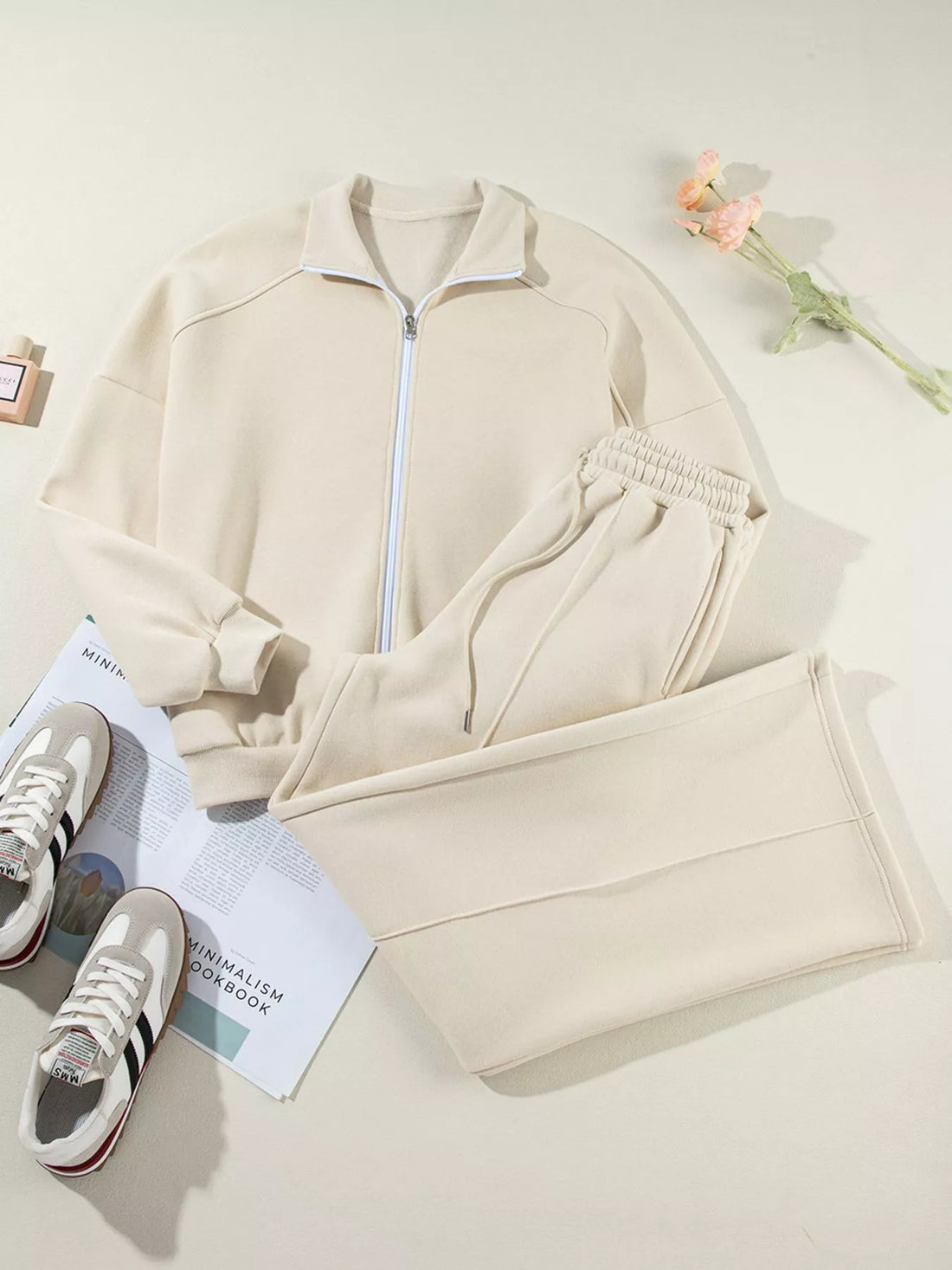 Drop Shoulder Zip Up Jacket and Drawstring Pants Active 2pcs Set - cas7m