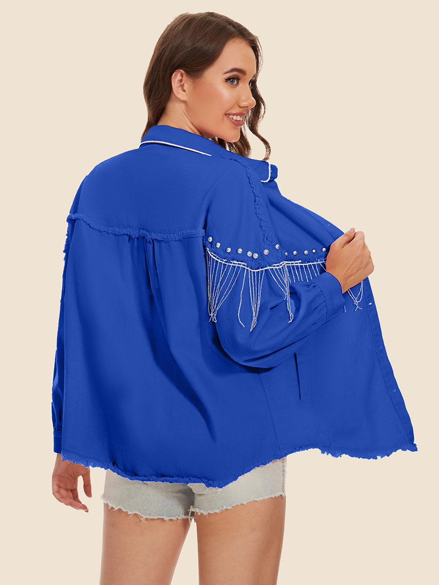 Raw Hem Fringe Detail Denim Jacket - cas7m