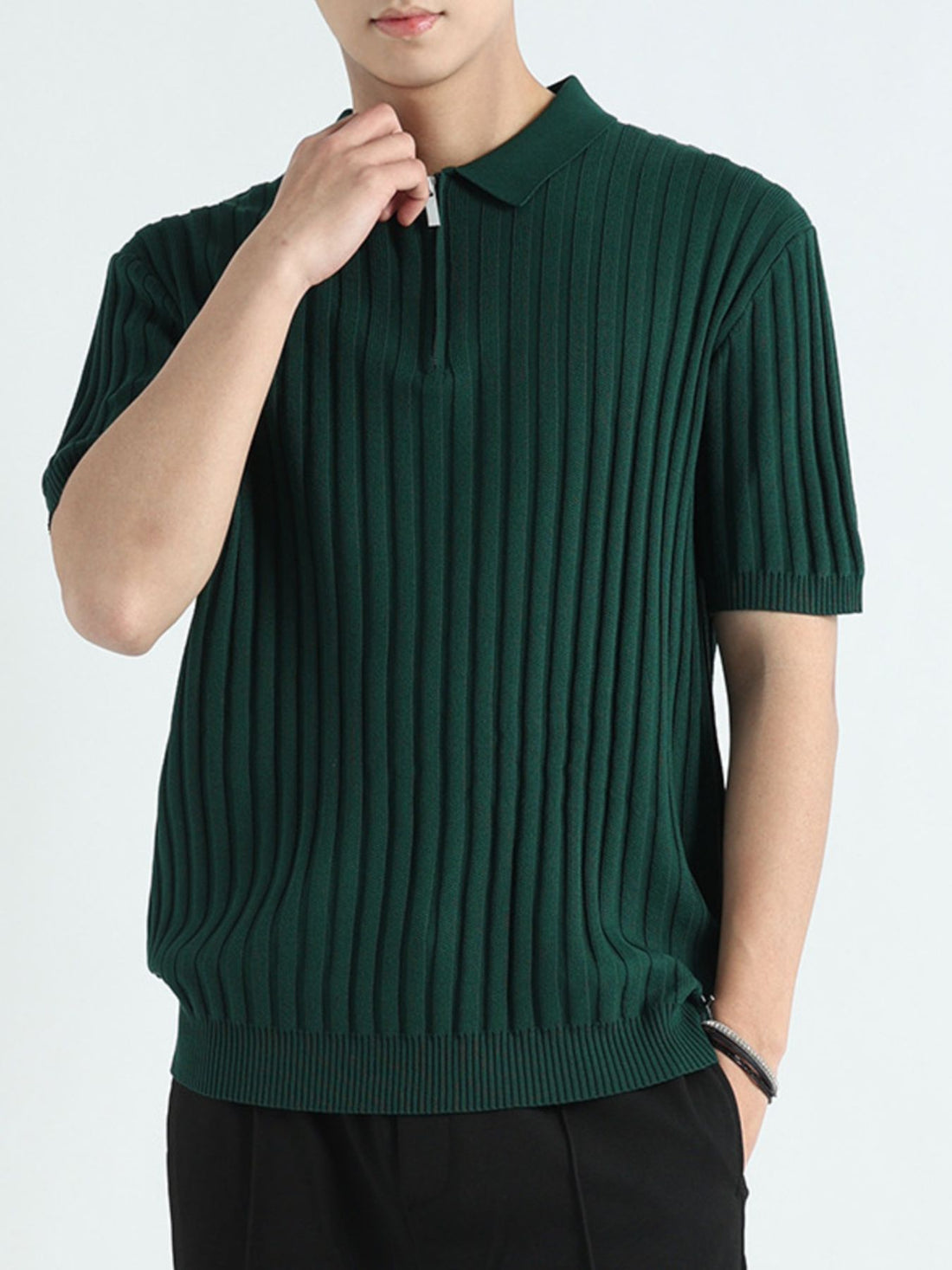 Men's Plus Size Ribbed Knit Short Sleeve Polo - cas7m