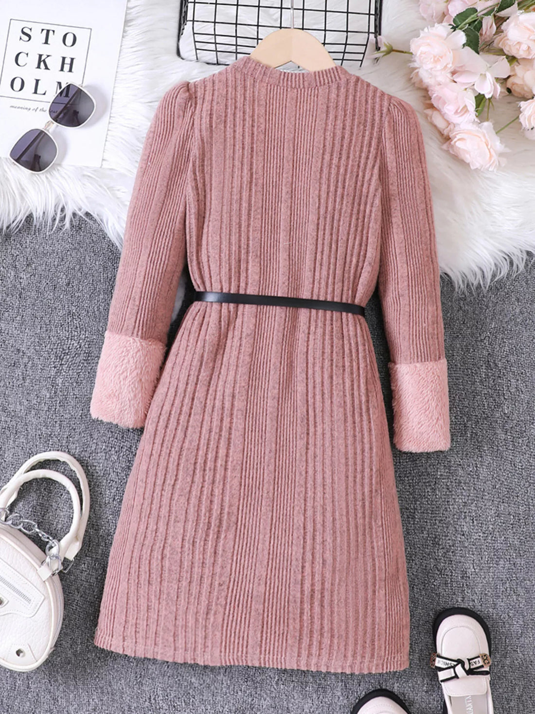 Children's Ribbed Knit Long Sleeve Dress - cas7m