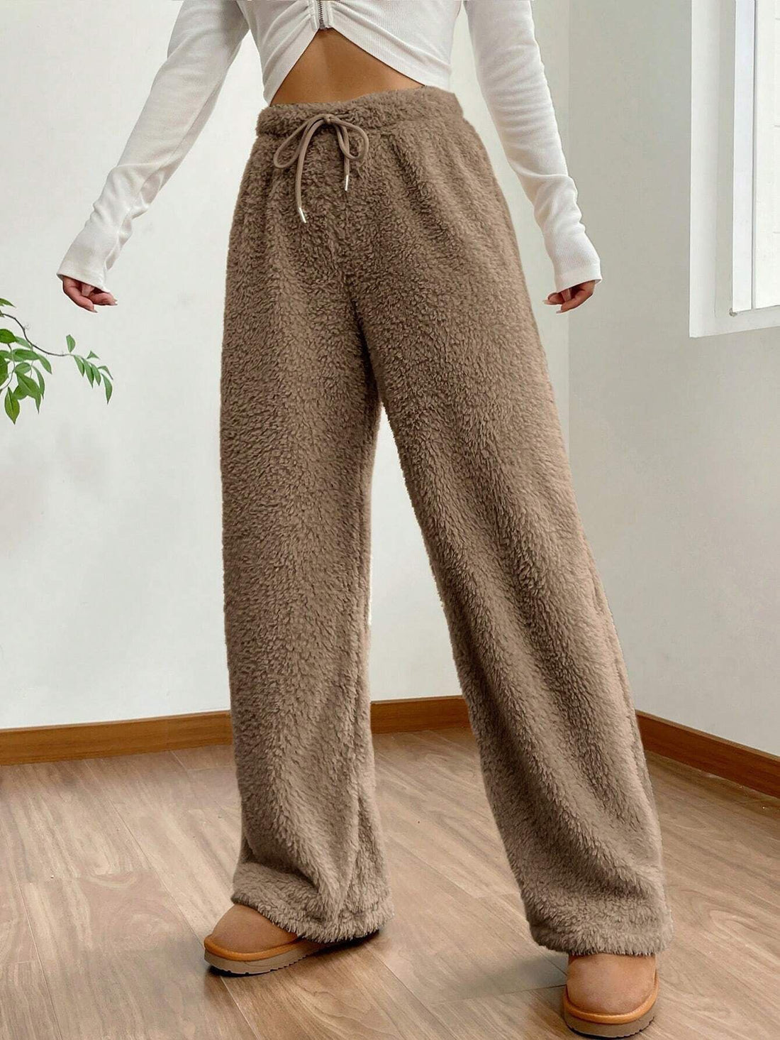 Women's Solid Color Loose Fleece Casual Pants - cas7m