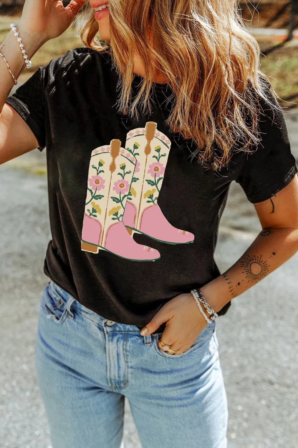 Floral Cowgirl Boots Graphic T-Shirt - cas7m