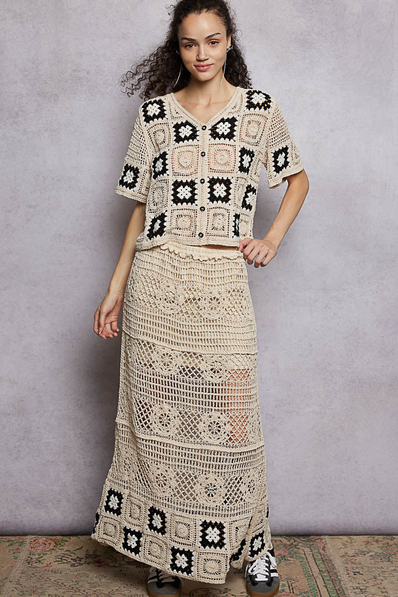 POL Floral Crochet Ruffled Waistband Maxi Skirt with Granny Square Weave - cas7m