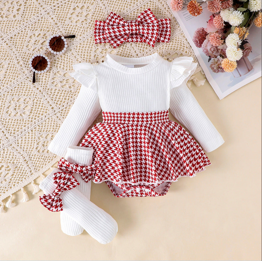 Sunken Stripe Long Sleeve Stitching Houndstooth Skirt One-piece Romper - cas7m