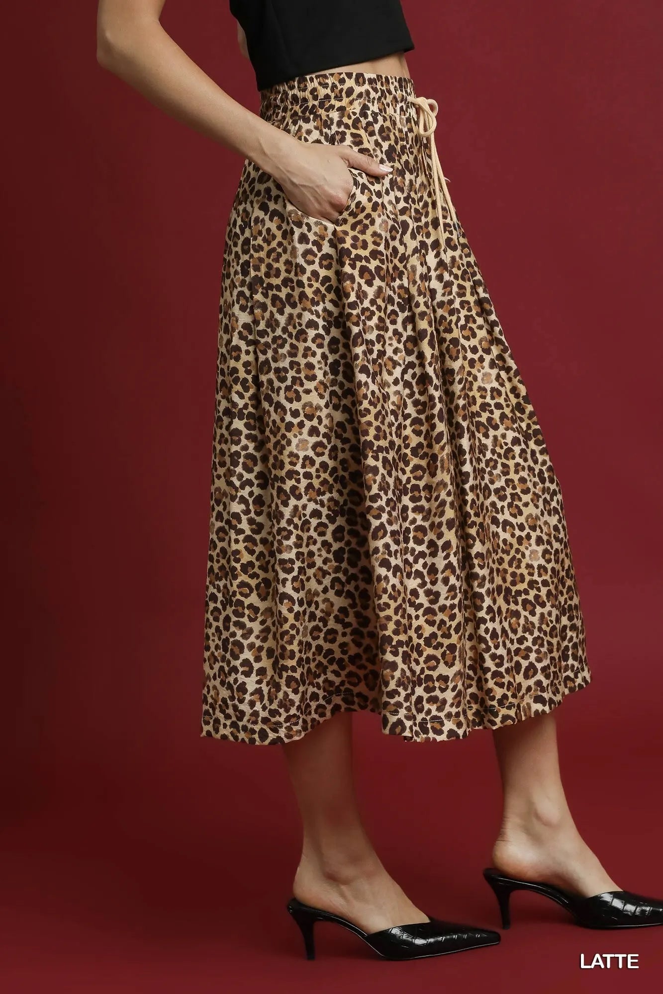 Umgee Drawstring Leopard Midi Skirt - cas7m
