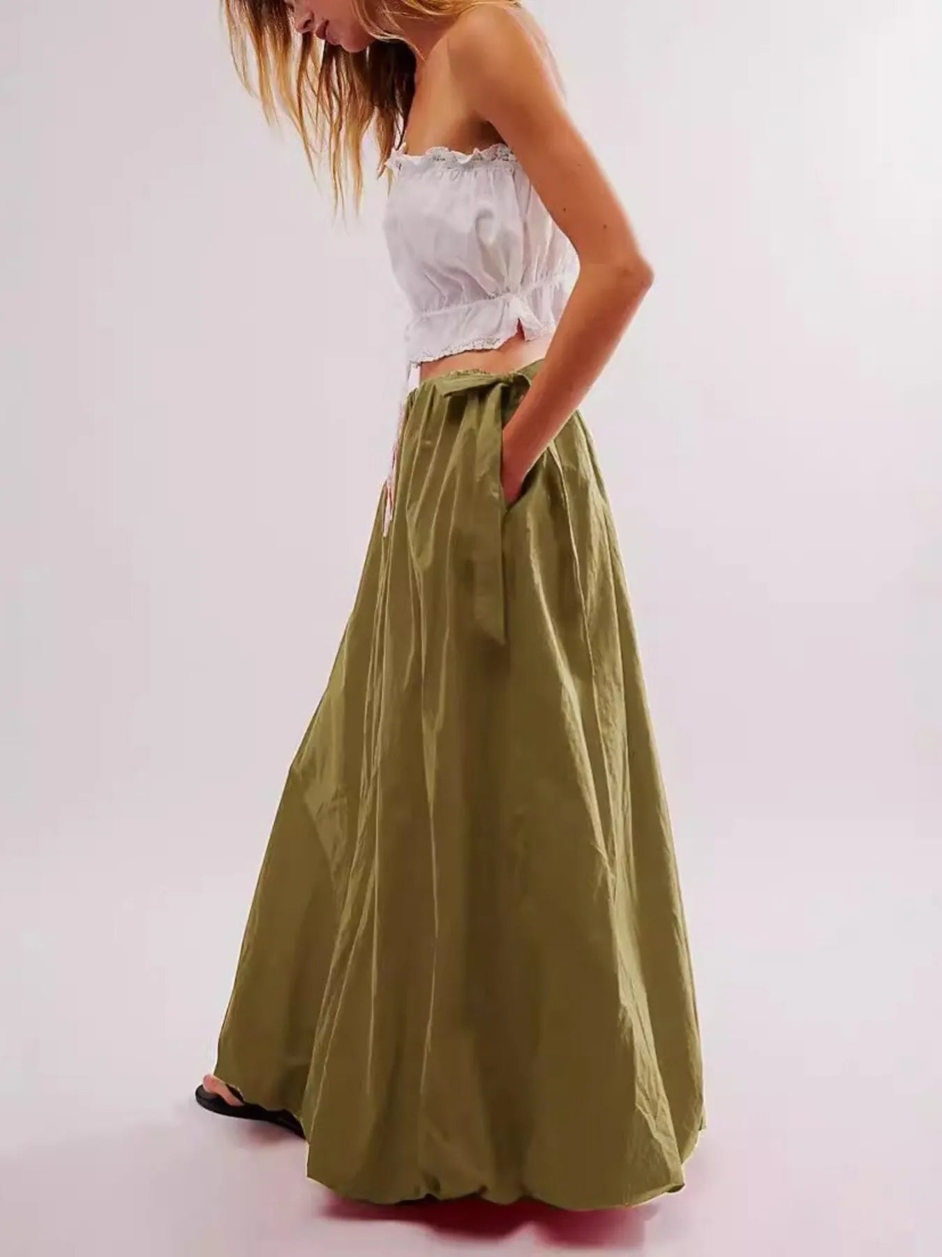 Side Bow Maxi Skirt with Pockets - cas7m