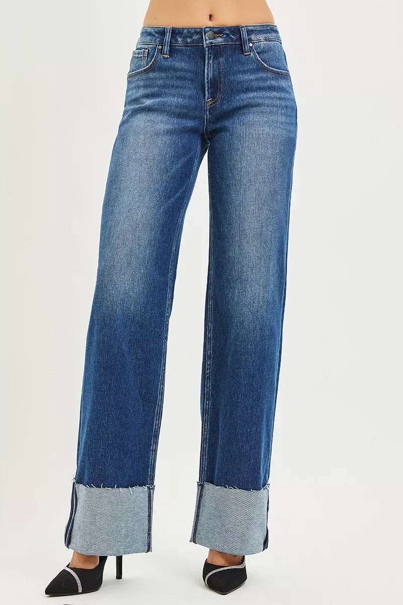 RISEN Mid Rise Wide Straight Jeans With Wide Cuff - cas7m