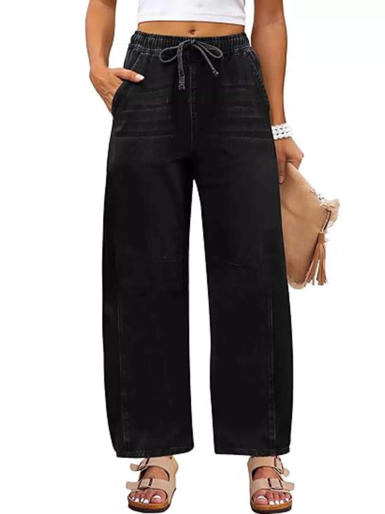 Elastic Waist Wide Leg Jeans - cas7m