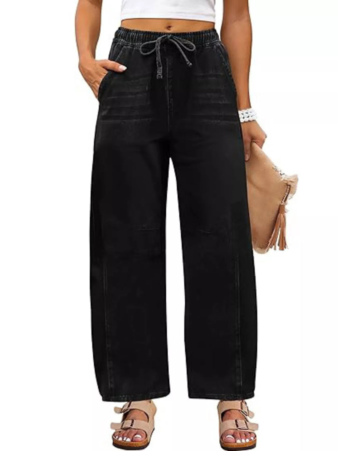 Elastic Waist Wide Leg Jeans - cas7m