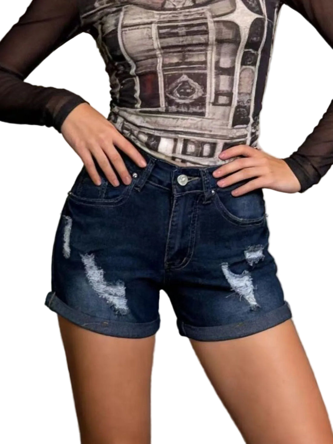 Distressed Wash Denim Shorts - cas7m