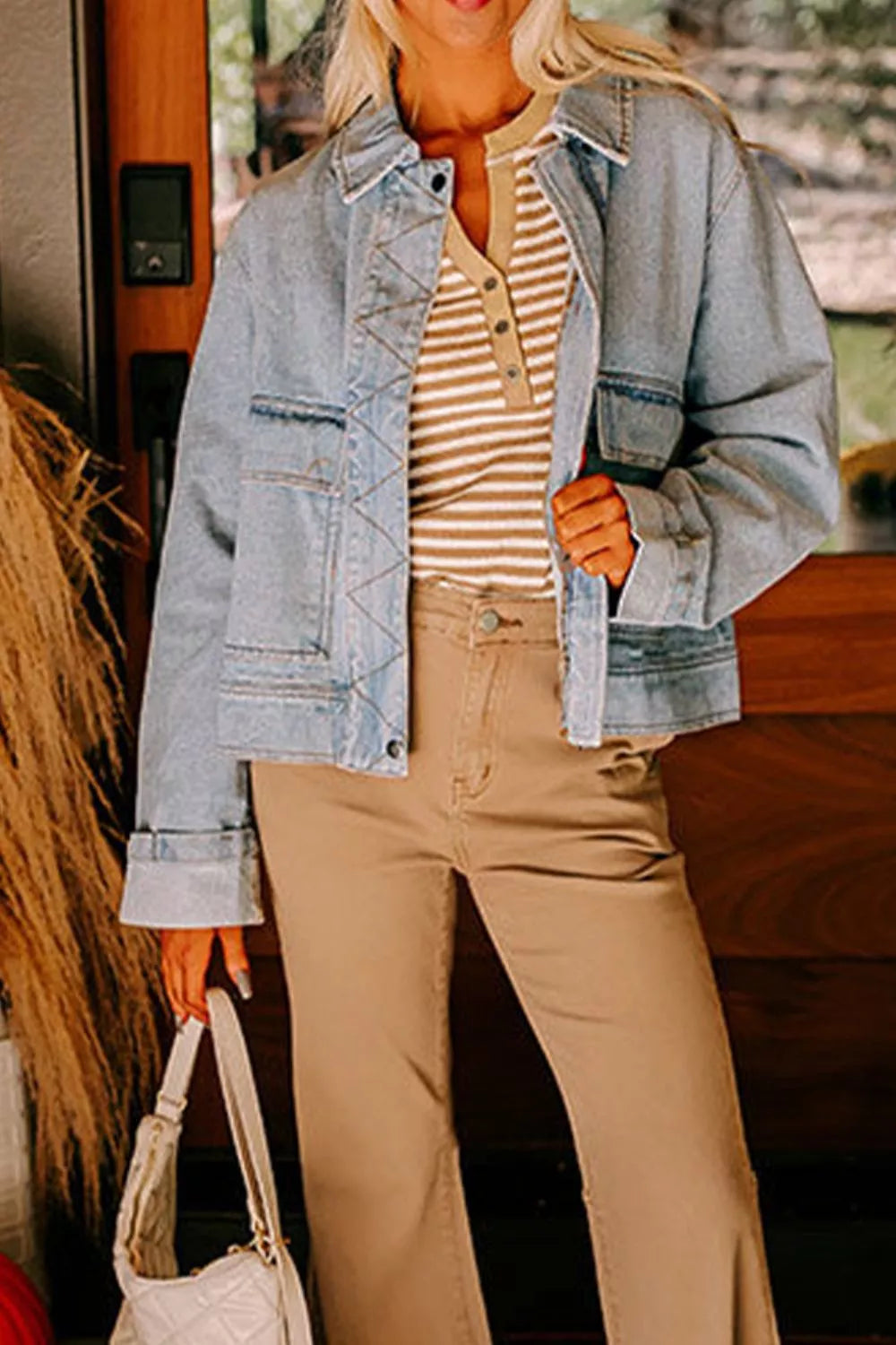 Zip Up Drop Shoulder Denim Jacket - cas7m