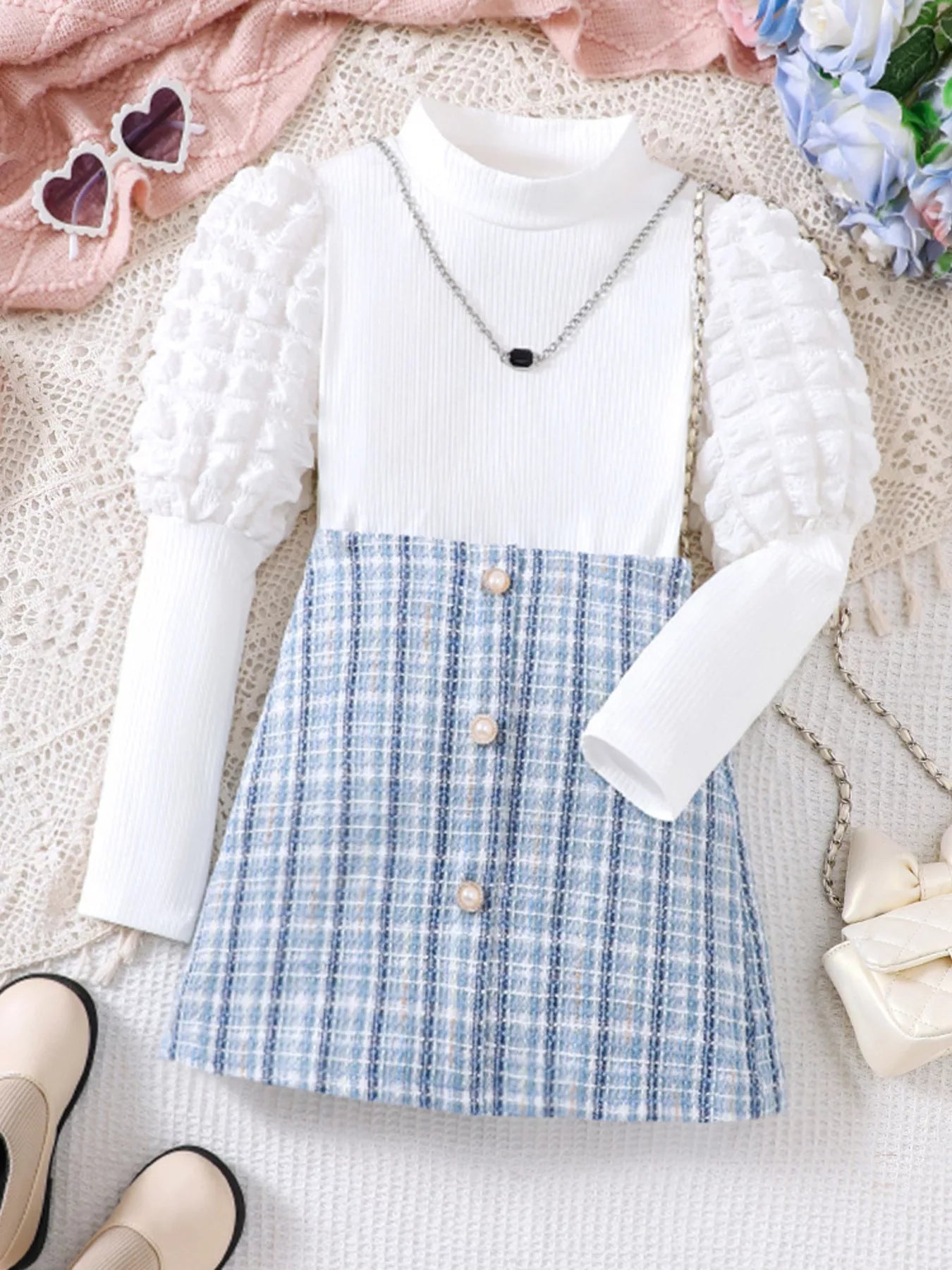 Children's Puff Sleeves Top and Plaid Skirt Set - cas7m
