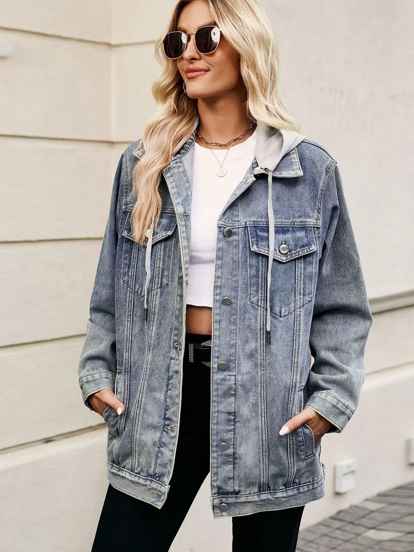 Button Up Long Sleeve Denim Jacket - cas7m