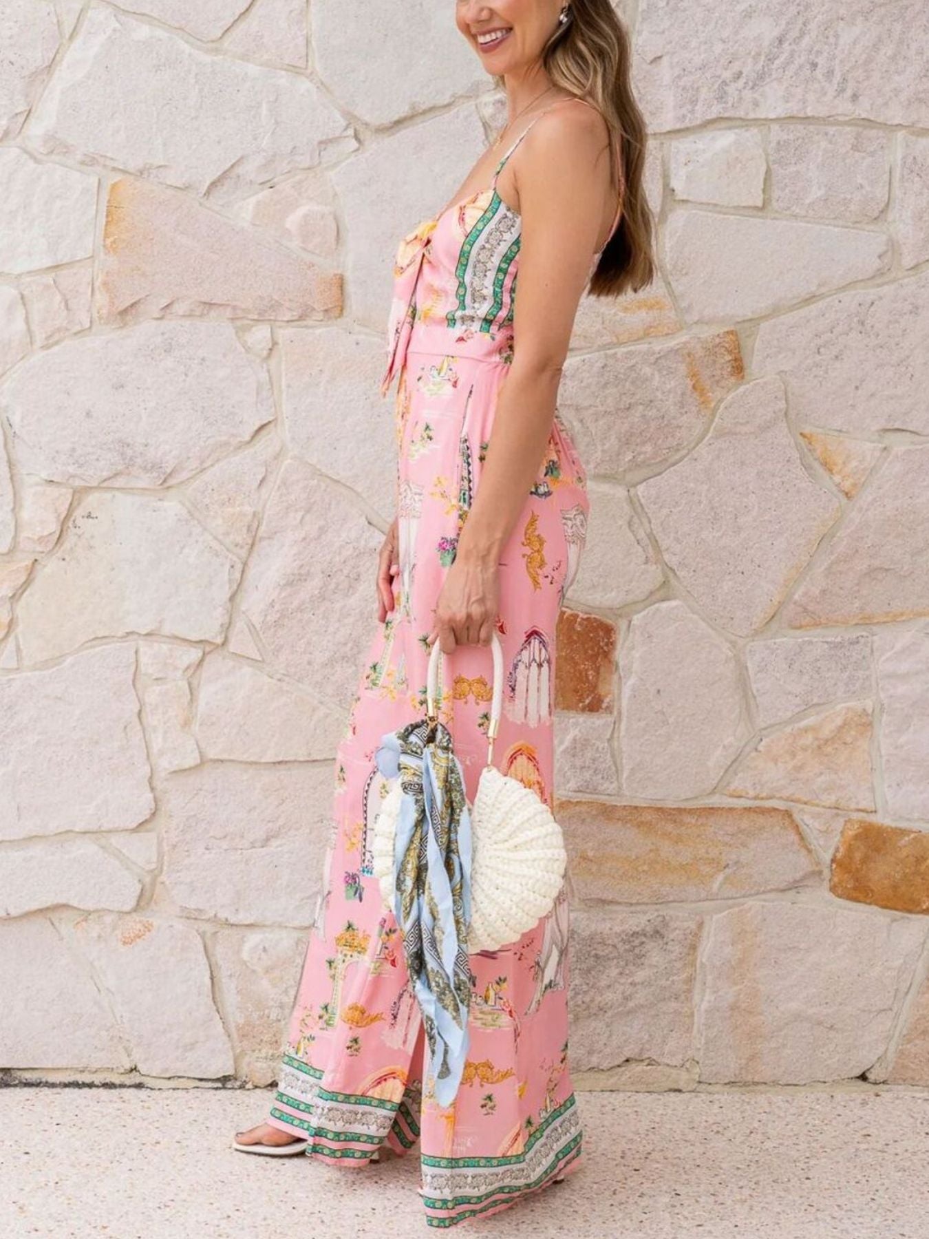 Printed Tie-Front Wide Leg Jumpsuit - cas7m