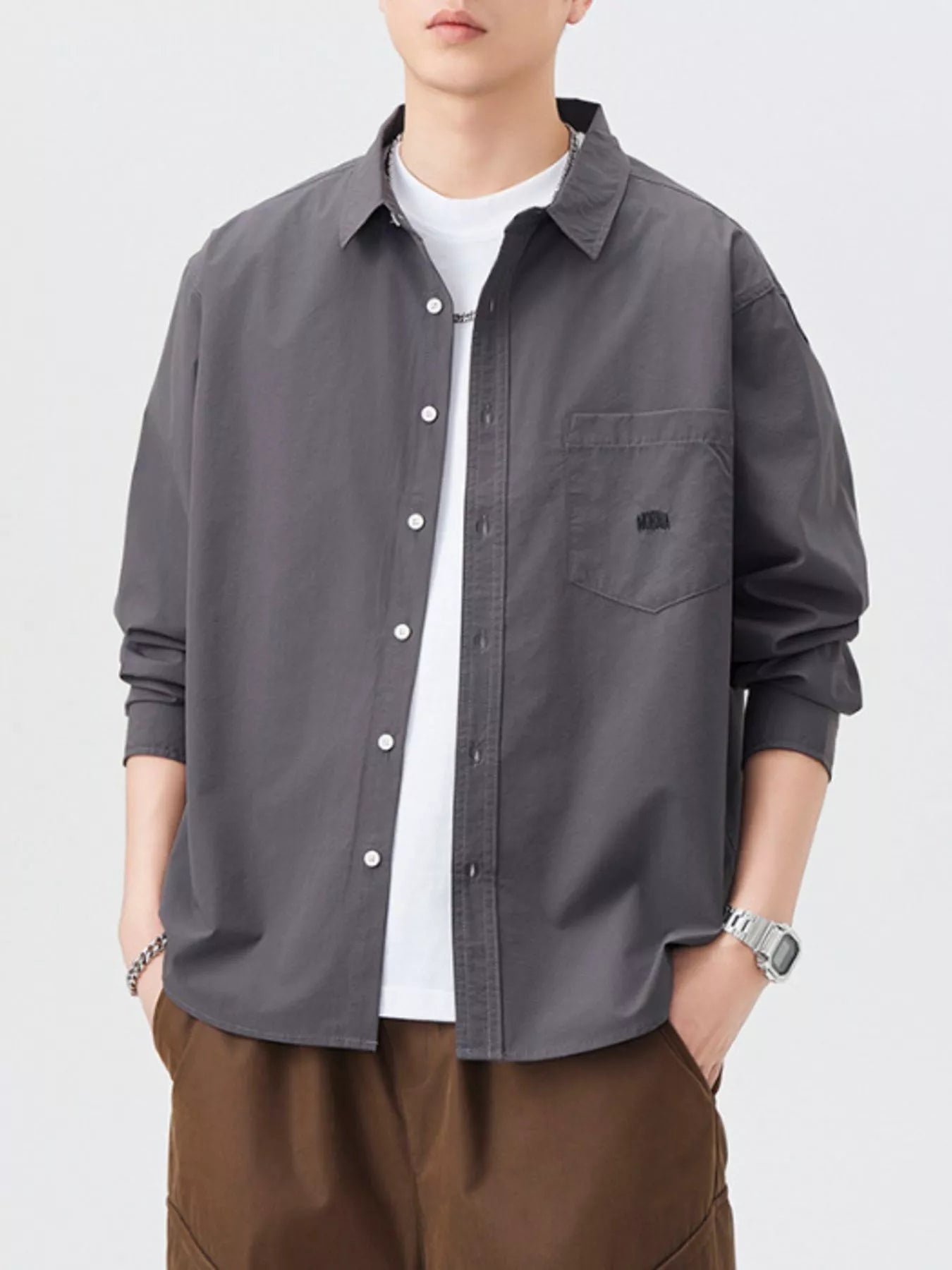 Men's Plus Size Button Up Long Sleeve Shirt - cas7m