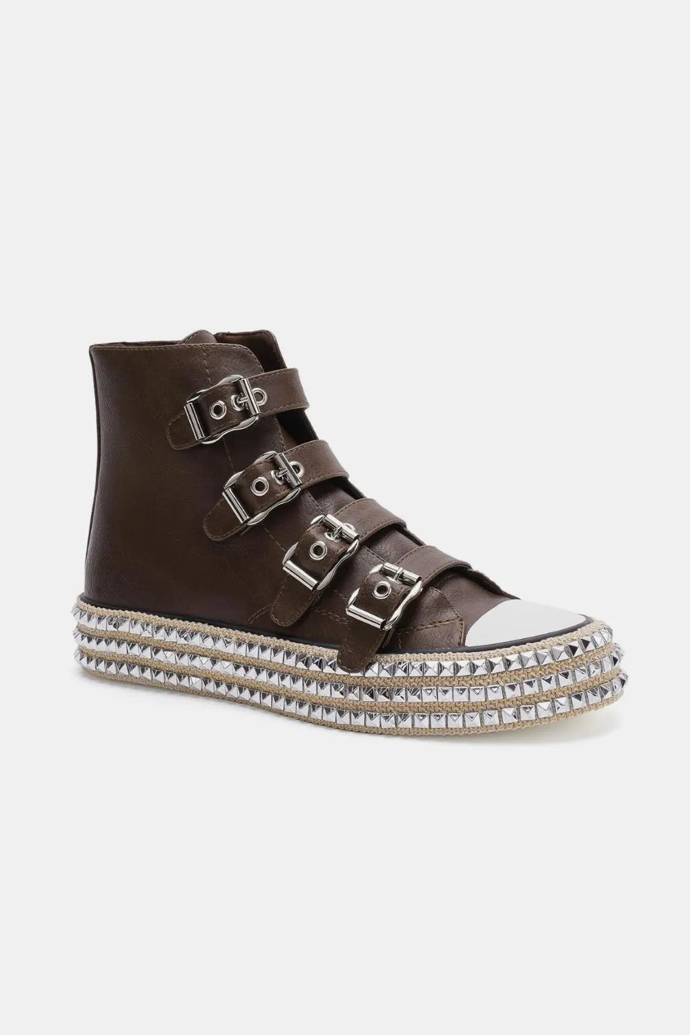 Beast Fashion Multi-Buckle Straps Studded Platform Sneakers - cas7m