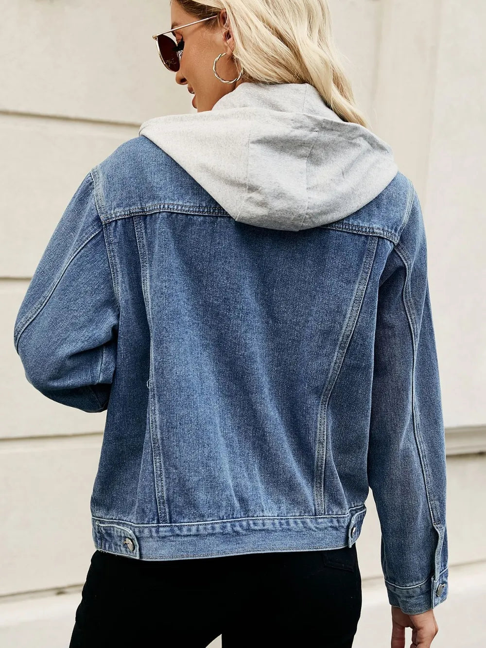 Drawstring Hooded Button Up Denim Jacket - cas7m