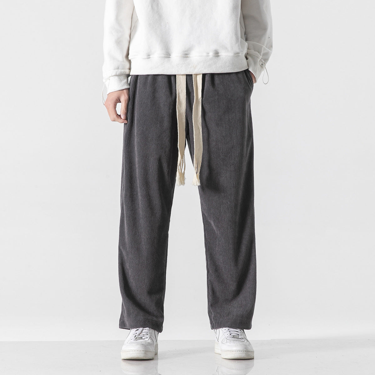 Mens Corduroy Trendy Pants With Braided Drawstring - cas7m