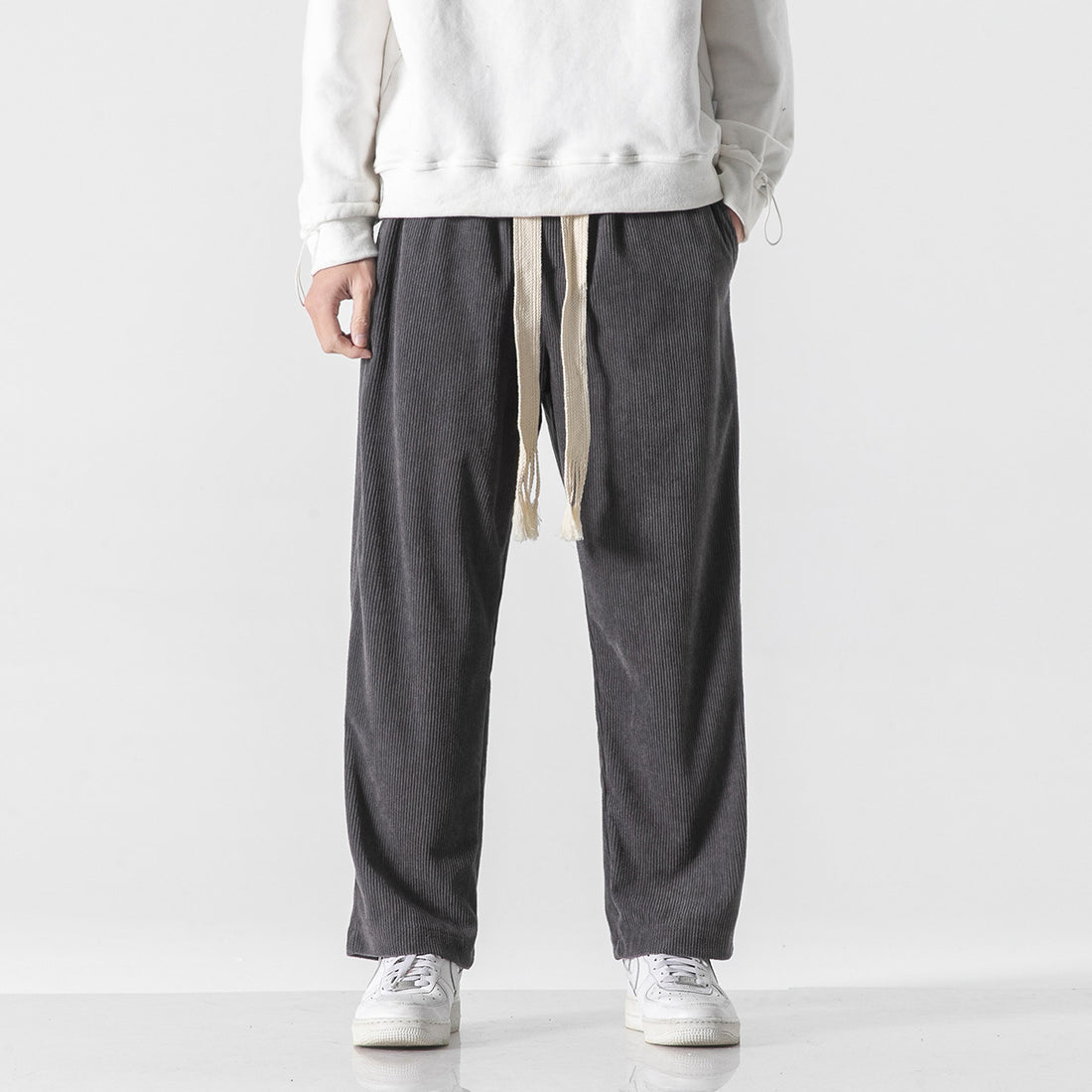 Mens Corduroy Trendy Pants With Braided Drawstring - cas7m