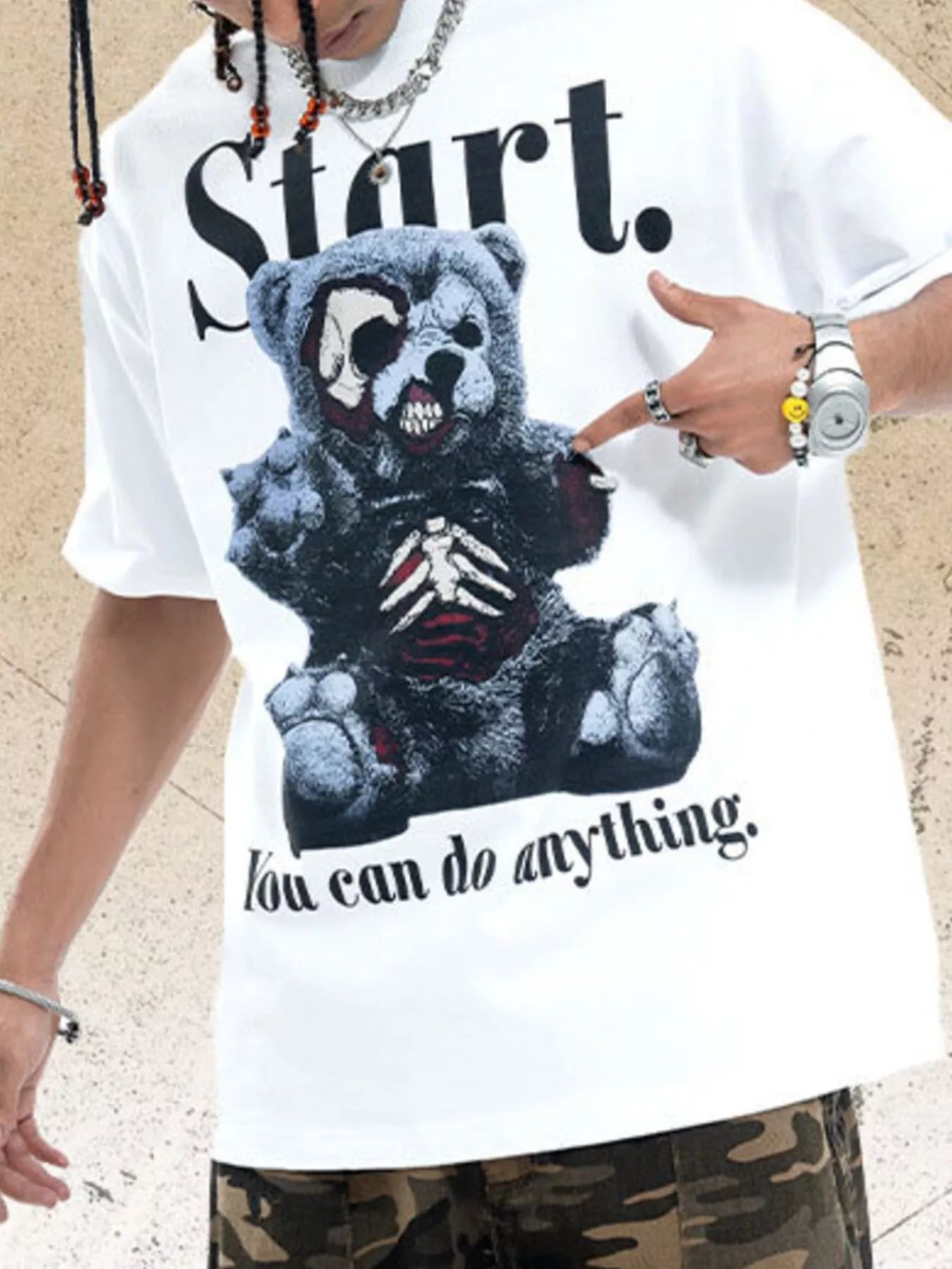 Men's Teddy Bear Graphic Round Neck Oversized T-Shirt - cas7m