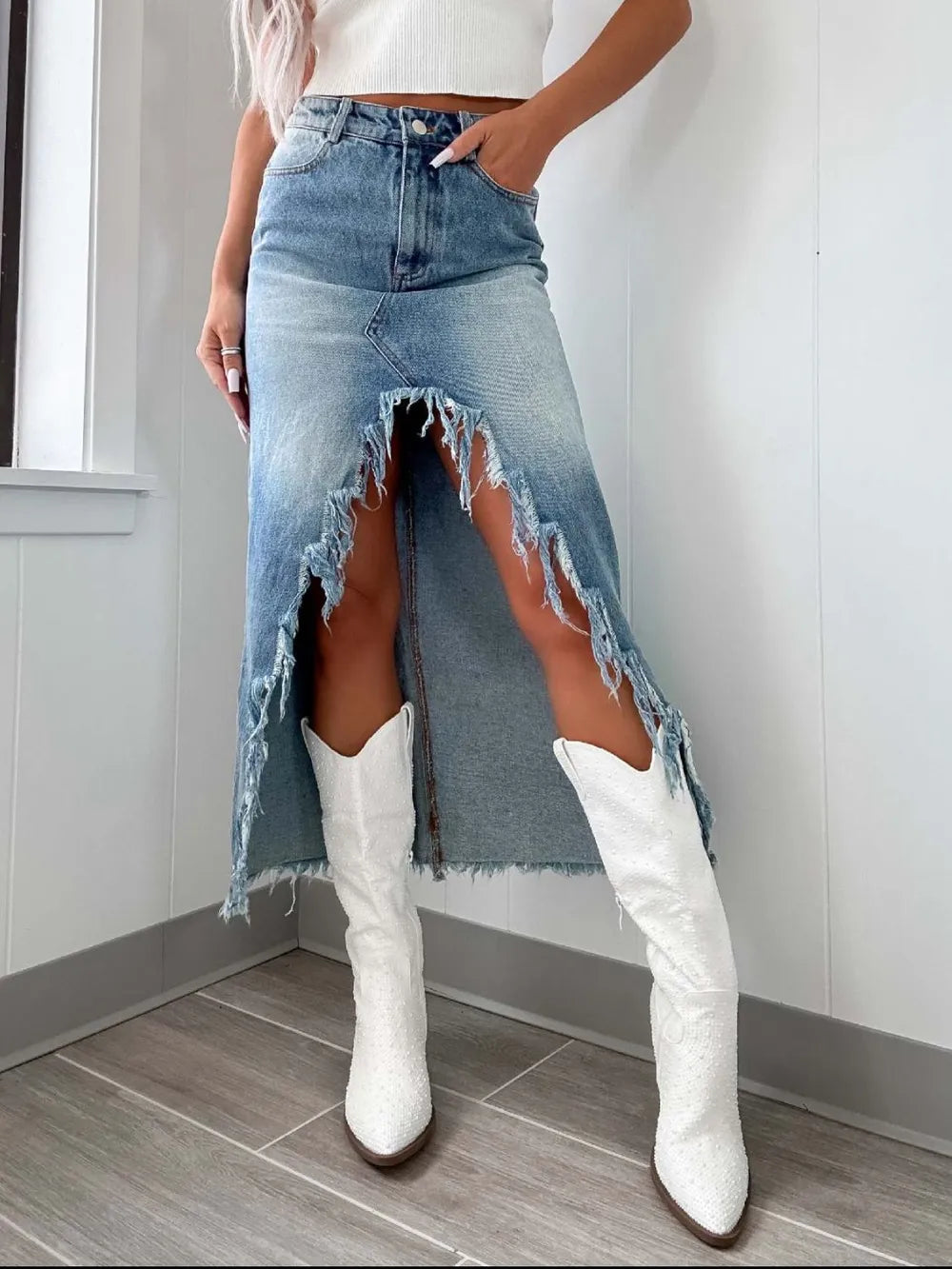High-Waist Raw Hem Asymmetry Denim Skirt - cas7m