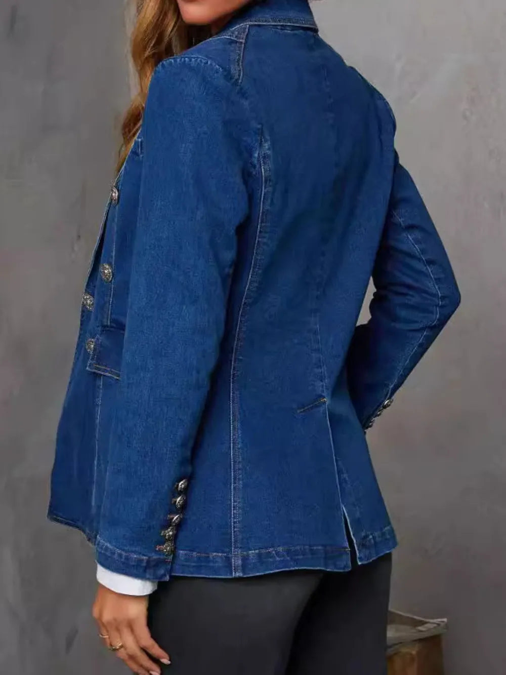 Collared Neck Long Sleeve Denim Jacket - cas7m