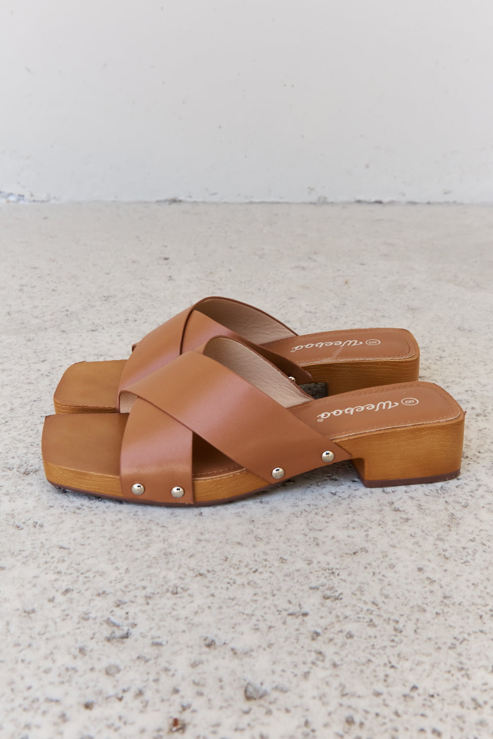Weeboo Step Into Summer Criss Cross Wooden Clog Mule in Brown - cas7m