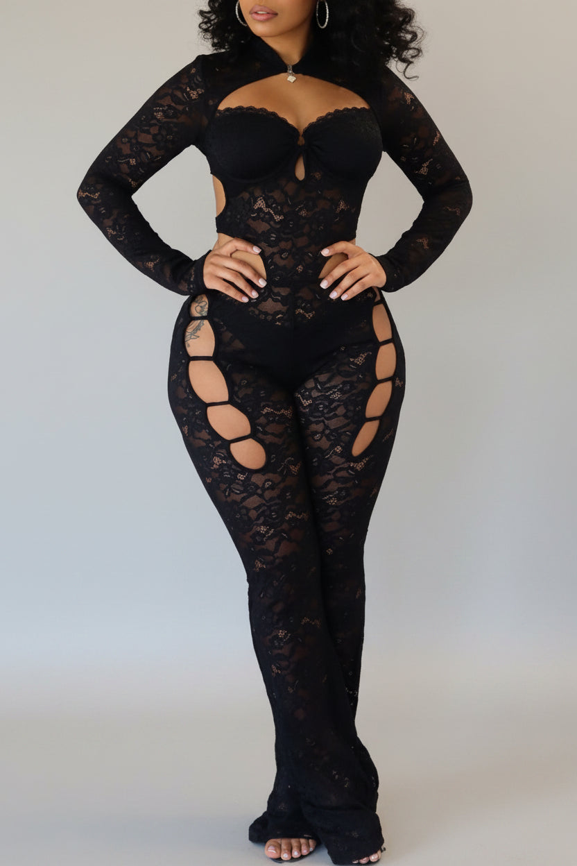 Lace Hollow-Out Long Sleeve Jumpsuit - cas7m