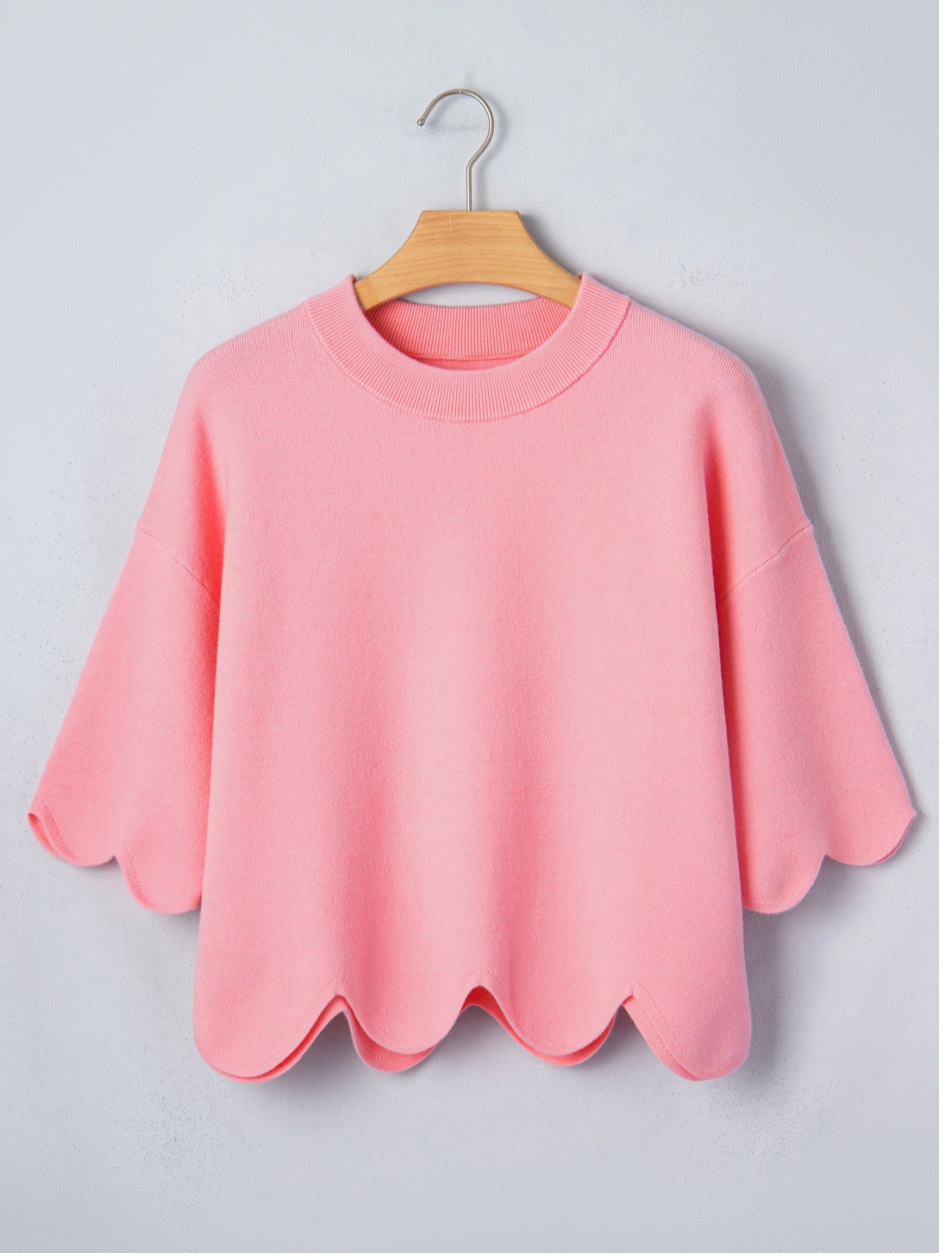 Scalloped Hem 3/4 Sleeve Sweater Top - cas7m