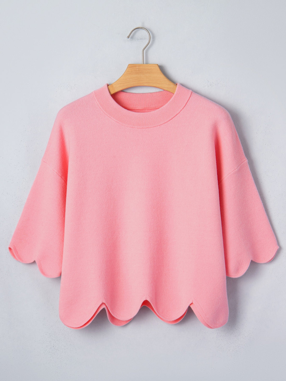 Scalloped Hem 3/4 Sleeve Sweater Top - cas7m
